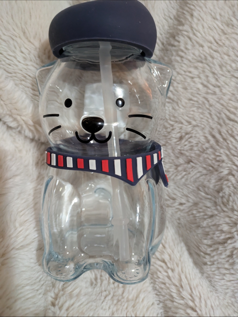 Glass Cat Drink Bottle with Navy Red-White Collar and Navy Lid